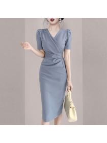 Korean style Short sleeve  mid-waist round neck solid color dress