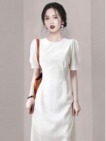 Short sleeve mid-waist round neck solid color dress for women