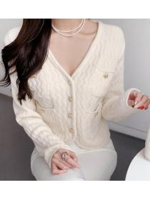 Korean Style Knitting V  Collars Pure Color Top 