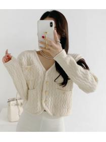 Korean Style Knitting V  Collars Pure Color Top 