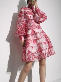 Vintage style printed dress female stand collar long sleeve dress