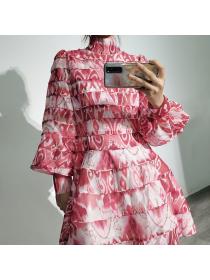 Vintage style printed dress female stand collar long sleeve dress
