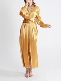 New style Golden V-neck high waist long sleeve Maxi dress for women