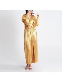 New style Golden V-neck high waist long sleeve Maxi dress for women