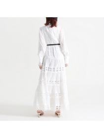Elegant dress lace collar long sleeve Slim waist solid color Maxi dress for women
