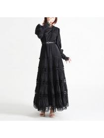 Elegant dress lace collar long sleeve Slim waist solid color Maxi dress for women