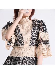 Autumn vintage style stand-up collar lace mid-sleeve high waist long A-line dress
