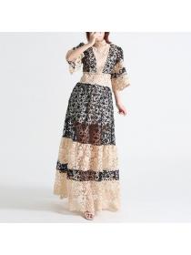 Autumn vintage style stand-up collar lace mid-sleeve high waist long A-line dress