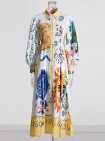 Retro Bohemian style long lantern sleeves graffiti print lace-up Maxi dress