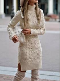European style long sleeve pullover knitted turtleneck sweater dress
