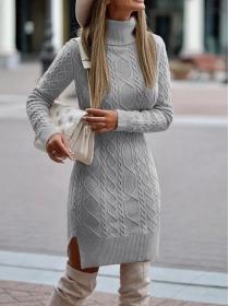 European style long sleeve pullover knitted turtleneck sweater dress