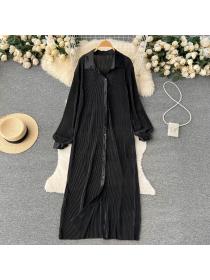 Vintage style polo neck long sleeves loose slimming single breasted dress