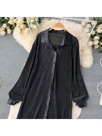 Vintage style polo neck long sleeves loose slimming single breasted dress