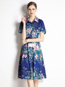 Summer women's fashion new European style print Slim shirt collar dress with belt