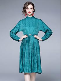 European style Fashion printed stand-up collar long sleeve pleated dress