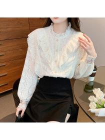 Fleece thickened winter 2022 new French style retro lace stand collar Top