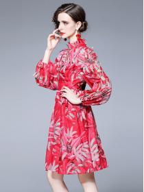 European style stand collar double butterfly embroidery decorative print dress