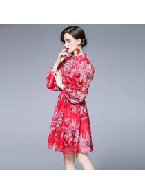European style stand collar double butterfly embroidery decorative print dress