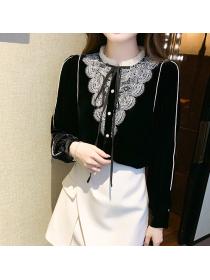 Fleece thickened 2022 autumn and winter new stand collar lace Top