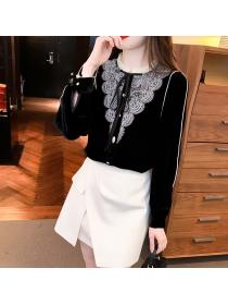 Fleece thickened 2022 autumn and winter new stand collar lace Top