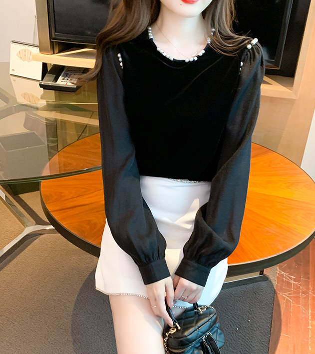 Autumn and winter new style round neck pin bead stitching silk Top