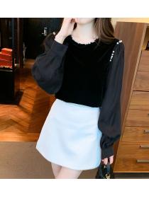 Autumn and winter new style round neck pin bead stitching silk Top