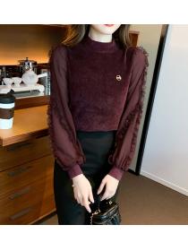 Autumn and winter new stitching velvet Top