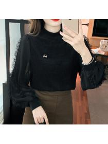 Autumn and winter new stitching velvet Top