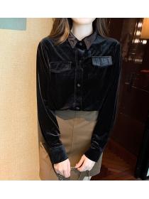 Lapel pure colored velvet blouse for women