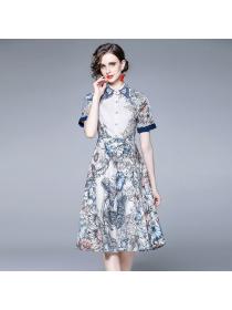Summer new vintage style butterfly embroidered cotton print Slim waist dress