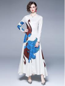 Fashionable temperament round neck long sleeve blue and white print slim long dress