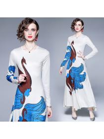 Fashionable temperament round neck long sleeve blue and white print slim long dress 
