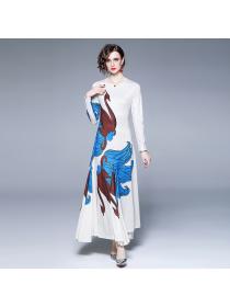 Fashionable temperament round neck long sleeve blue and white print slim long dress 