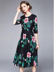 European style elegant rose print dress for women