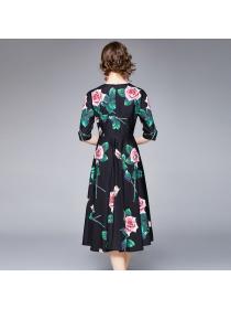 European style elegant rose print dress for women