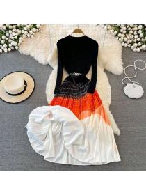 Fashion style temperament long sleeve knitted  print dress high waist dress