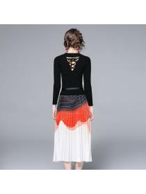 Fashion style temperament long sleeve knitted  print dress high waist dress