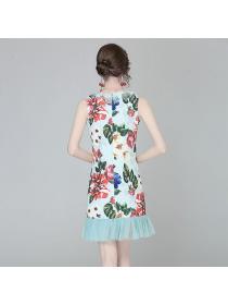 Fashion temperament elegant sleeveless mesh peony-print A-line dress