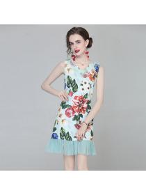 Fashion temperament elegant sleeveless mesh peony-print A-line dress