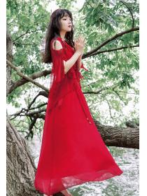 Summer new holiday Red beautiful lace-up Maxi dress