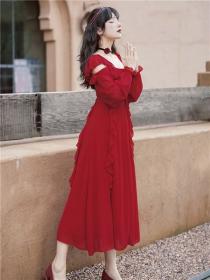 Summer new holiday Red Beach beautiful lace-up Maxi dress