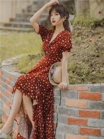 Red polka dot dress Vintage style holiday long floral Maxi dress