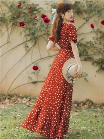 Red polka dot dress Vintage style holiday long floral Maxi dress