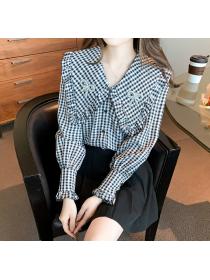 Plaid blouse with big lapel for women