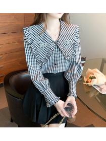 Plaid blouse with big lapel for women