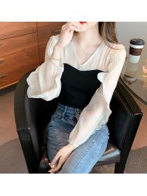 New fall/winter French V-neck peplum puff sleeves Top