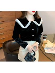 New fall/winter doll collar double-breasted velvet Top