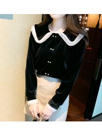 New fall/winter doll collar double-breasted velvet Top