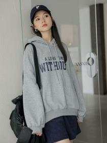 Korean style loose cashmere mid length casual hoodie