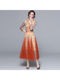 V neck Long sleeve Large swing mesh embroidery Maxi dress